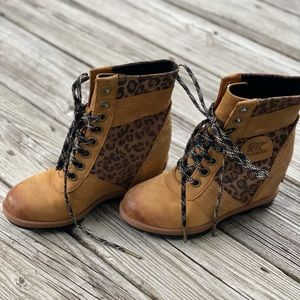 Sorel Tan and Leopard Heeled Boots